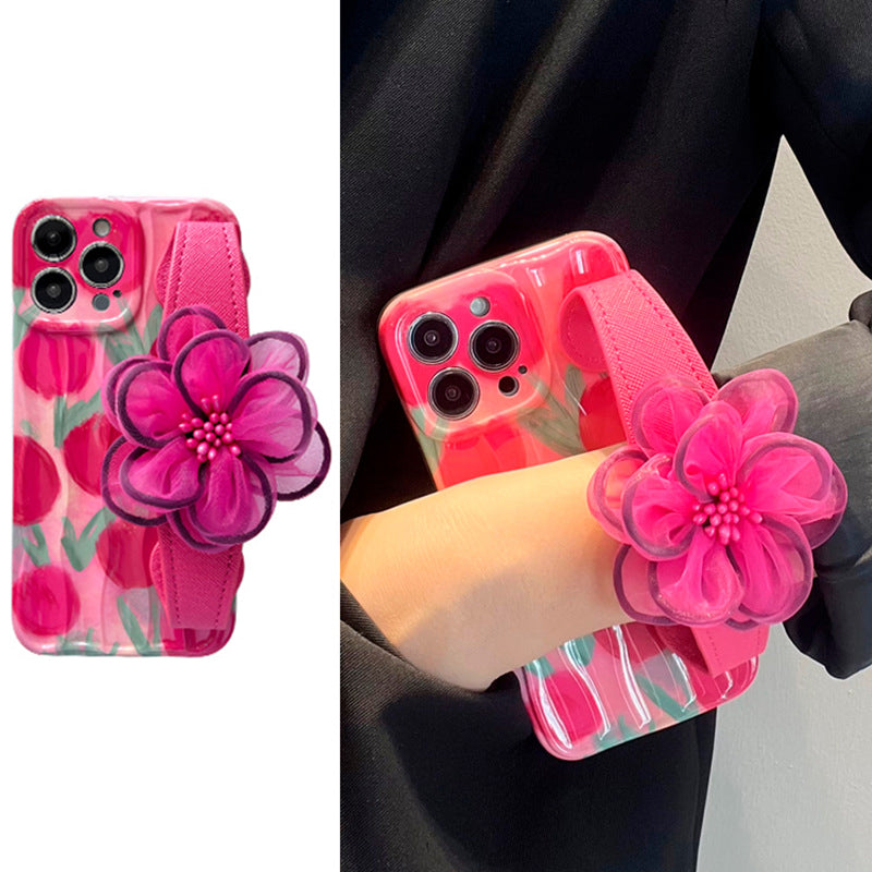 Leather Wristband TPU Phone Cover for iPhone 12 Pro Anti-dust Pattern Printing Case with Pink Flower Decor Leather Wristband TPU Phone Cover for iPhone 12 Pro Anti-dust Pattern Printing Case with Pink Flower Decor